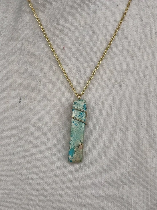 Blue Rectangular Stone Pendant Necklace with Gold Wire Wrap - Picture 3 of 3